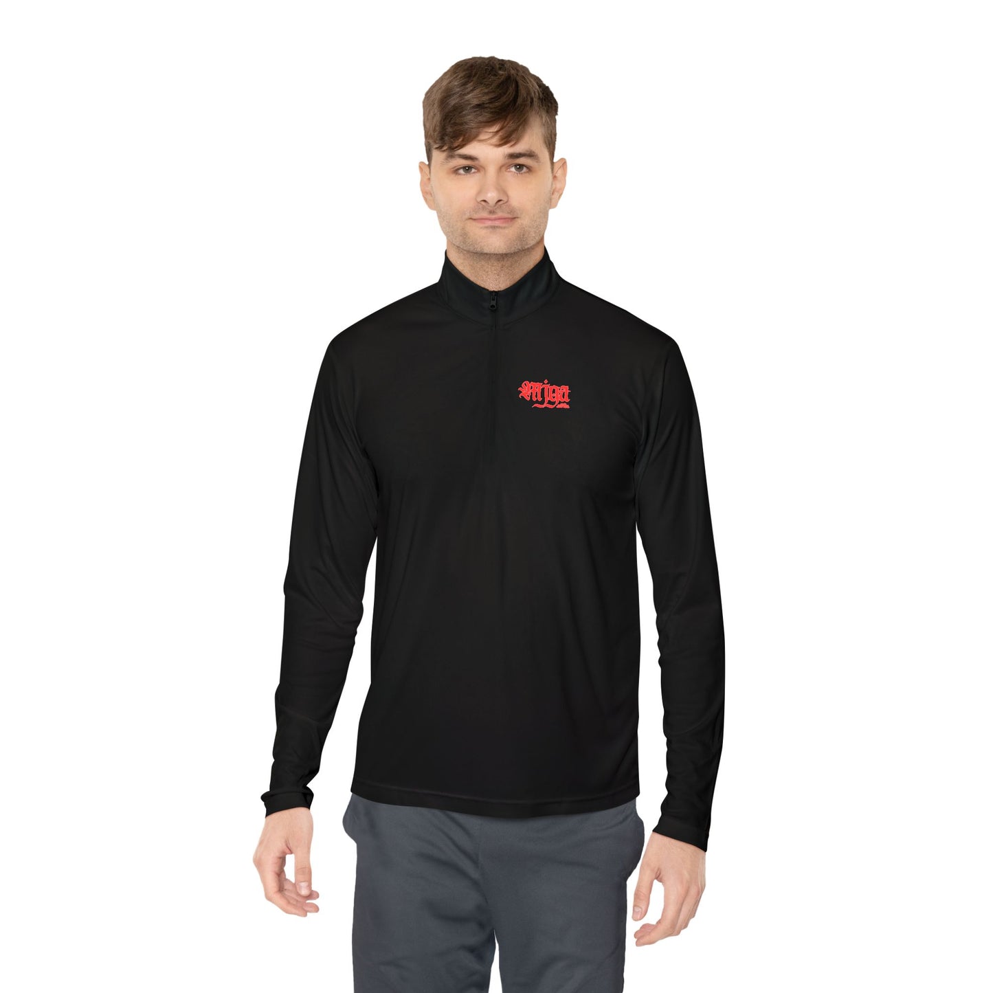 Unisex Quarter-Zip Pullover with Red Graphic Design - Perfect for Casual Outings & Sports